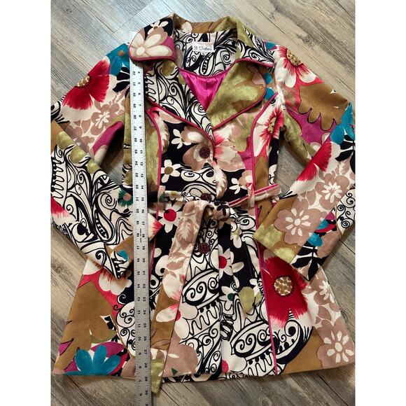 3 Sisters Trench Coat Floral Velvet Colorful Rhinestone Buttons Belted Small - Picture 2 of 9
